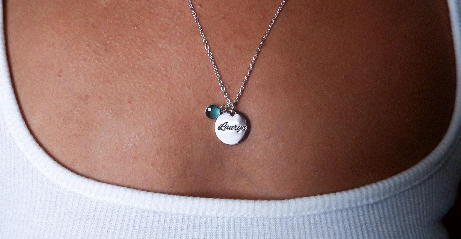 Engraved Plate Birthstone Necklace