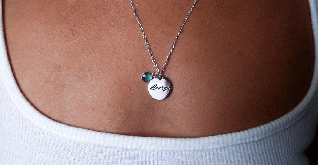 Engraved Plate Birthstone Necklace