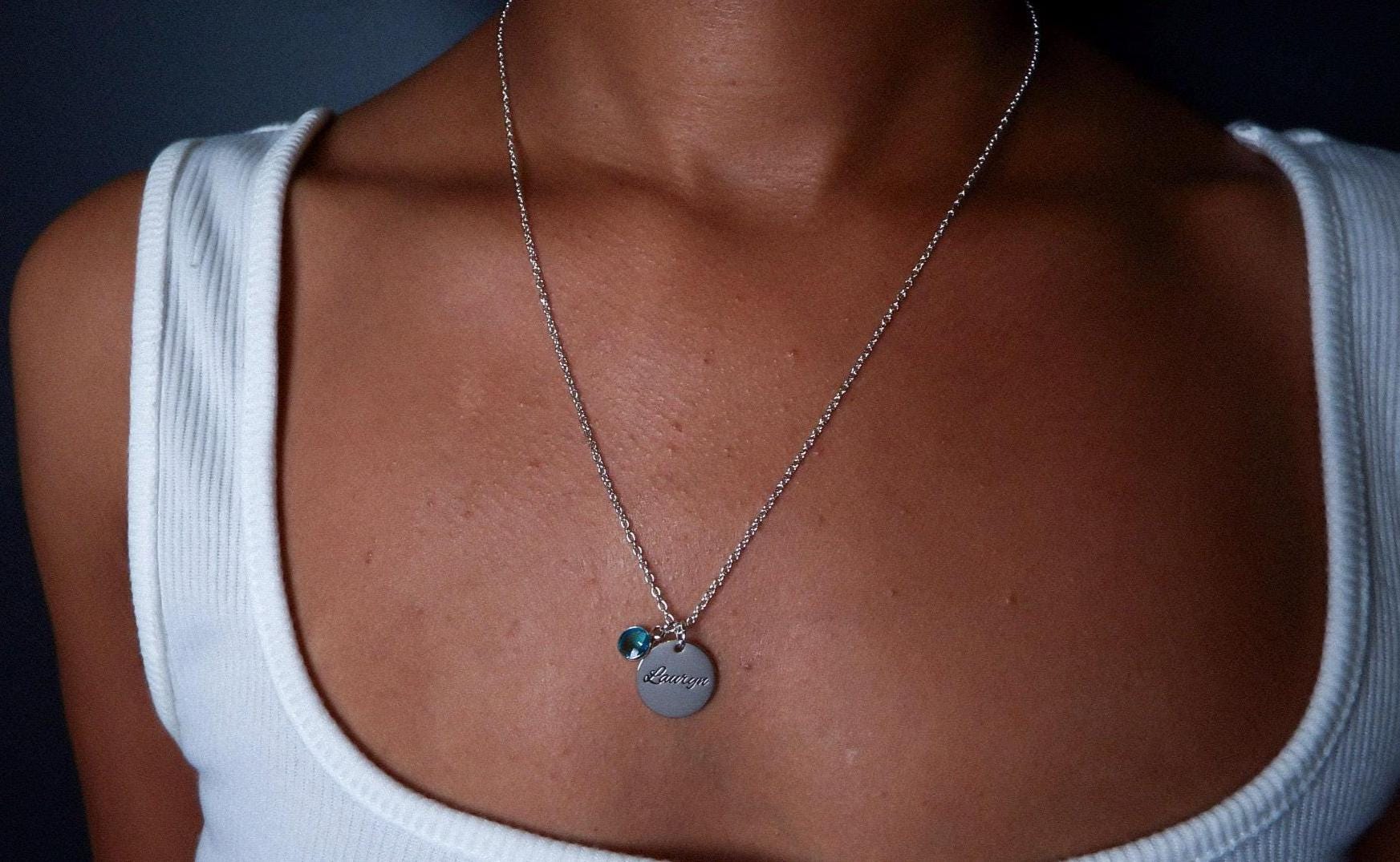 Engraved Plate Birthstone Necklace